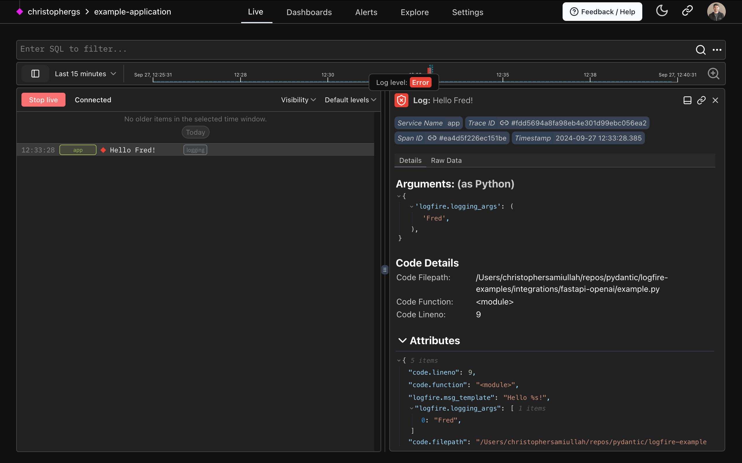 Logfire Web UI with logs