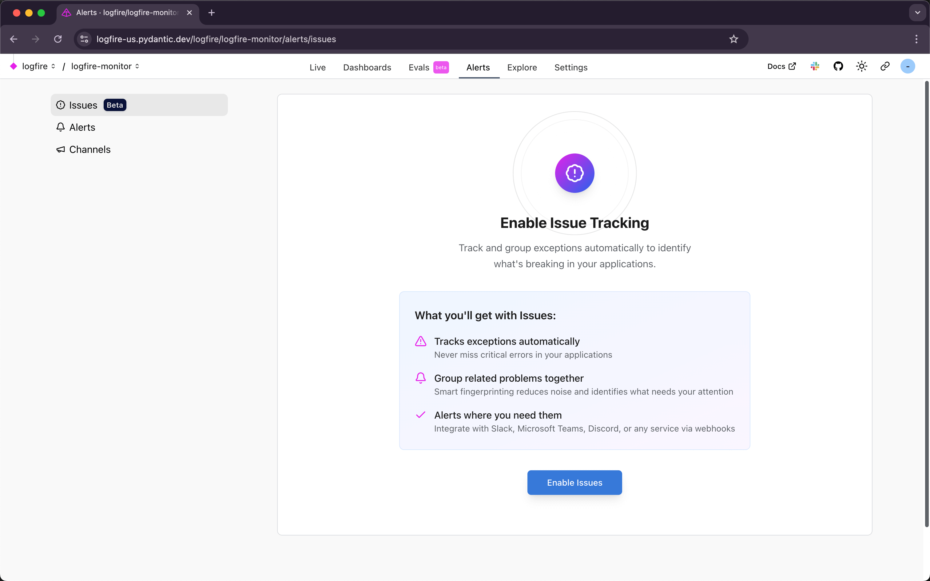 Enable issues screen