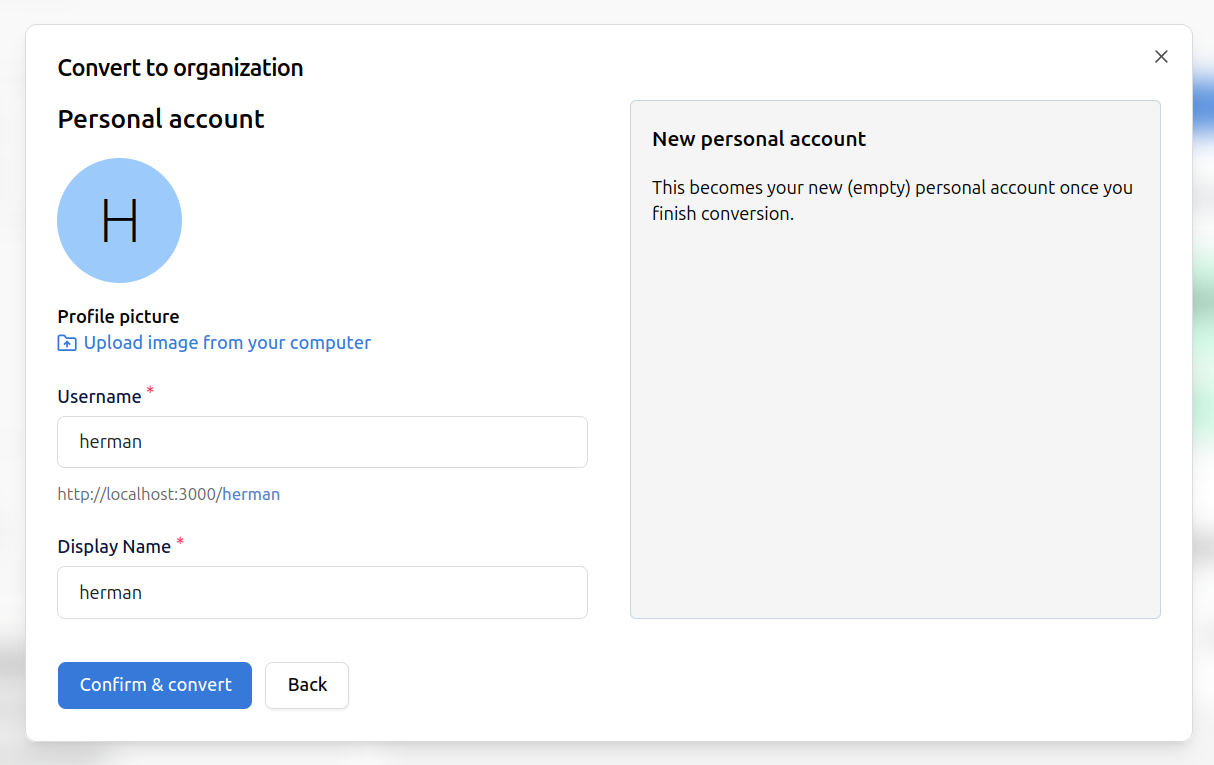 Confirm new personal account modal