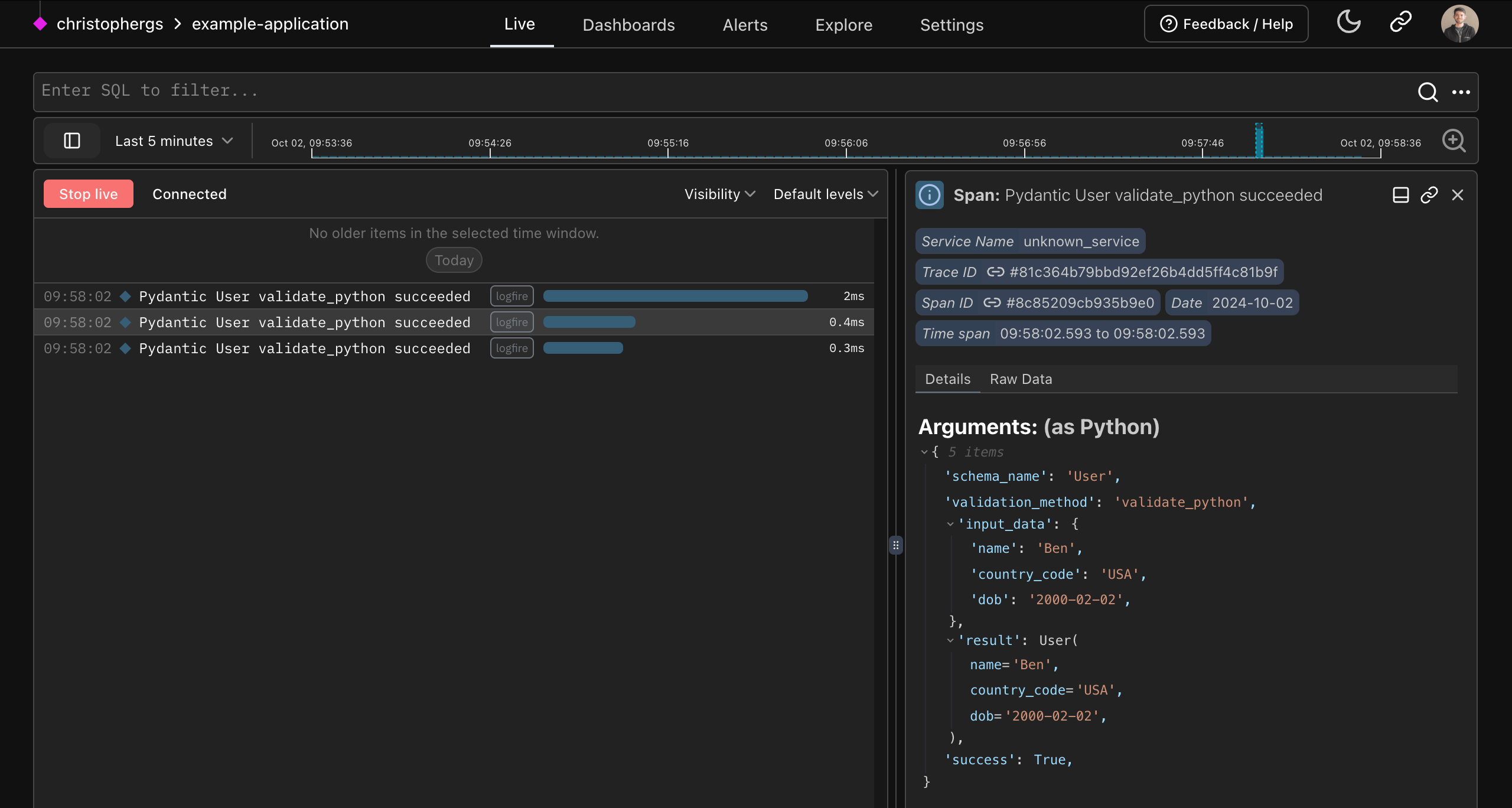 Logfire pydantic plugin screenshot